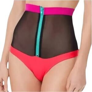 Chromat Coral Zip Front Mesh High Waisted Bikini Bottom, XS